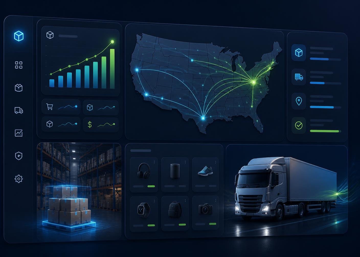 OasisEdge Collective warehouse dashboard showing US shipping routes, live order analytics, and same-day fulfillment